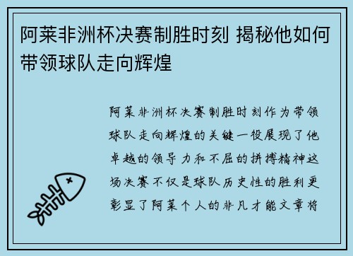 阿莱非洲杯决赛制胜时刻 揭秘他如何带领球队走向辉煌